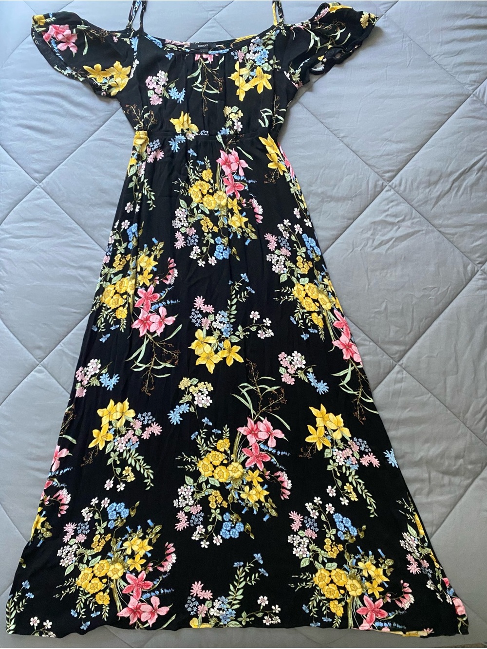 Black Floral Off-Shoulder Maxi Dress - Yellow & Pink Floral